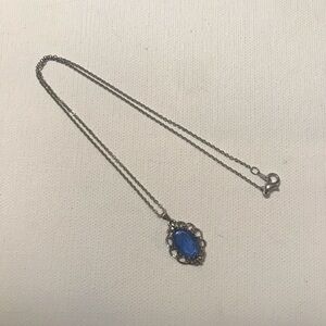 Vintage Blue Intanglio Pendant Silver Tone Chain Necklace 18 inches